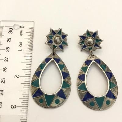 Vintage Silver tone, turquoise and blue enamel star teardrop statement, dangle earrings
