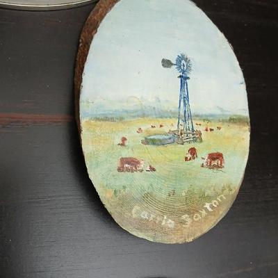 Vintage metal tin tray with country scene - handpainted stone - and wood pieces with a farm scene tin