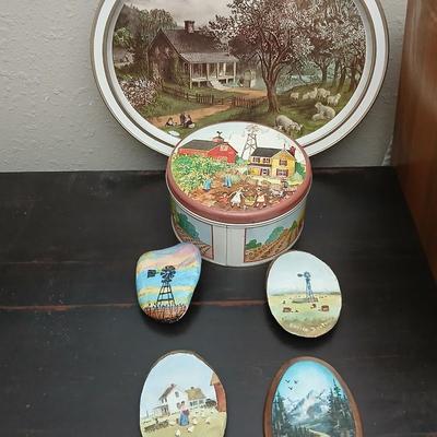Vintage metal tin tray with country scene - handpainted stone - and wood pieces with a farm scene tin