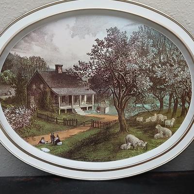 Vintage metal tin tray with country scene - handpainted stone - and wood pieces with a farm scene tin