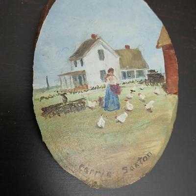 Vintage metal tin tray with country scene - handpainted stone - and wood pieces with a farm scene tin
