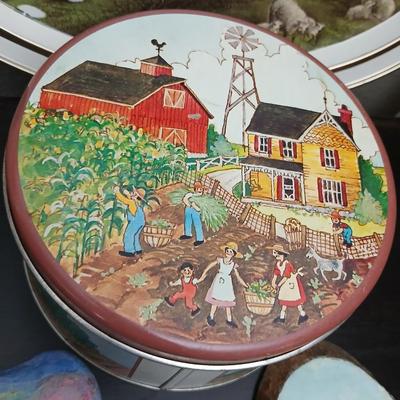 Vintage metal tin tray with country scene - handpainted stone - and wood pieces with a farm scene tin