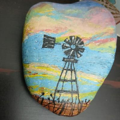 Vintage metal tin tray with country scene - handpainted stone - and wood pieces with a farm scene tin