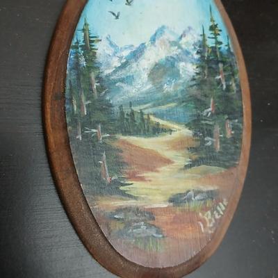 Vintage metal tin tray with country scene - handpainted stone - and wood pieces with a farm scene tin
