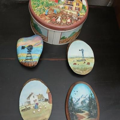 Vintage metal tin tray with country scene - handpainted stone - and wood pieces with a farm scene tin