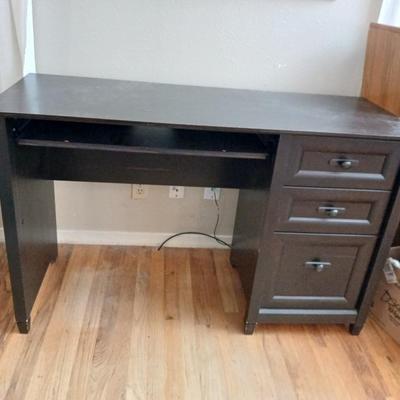 Small black student desk with keyboard tray and three drawers - full of office supplies!!