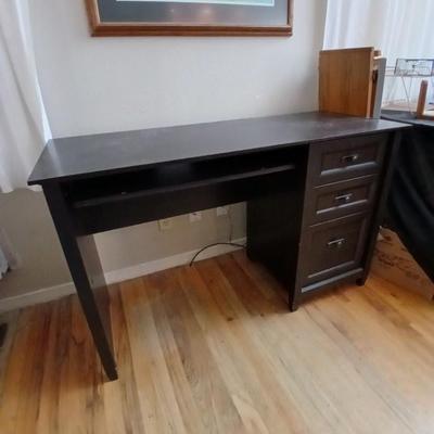 Small black student desk with keyboard tray and three drawers - full of office supplies!!