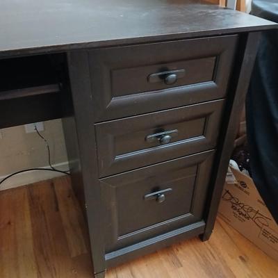 Small black student desk with keyboard tray and three drawers - full of office supplies!!