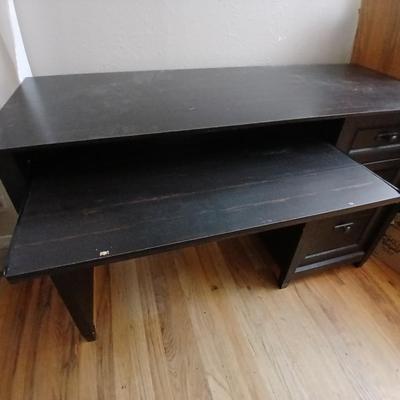 Small black student desk with keyboard tray and three drawers - full of office supplies!!