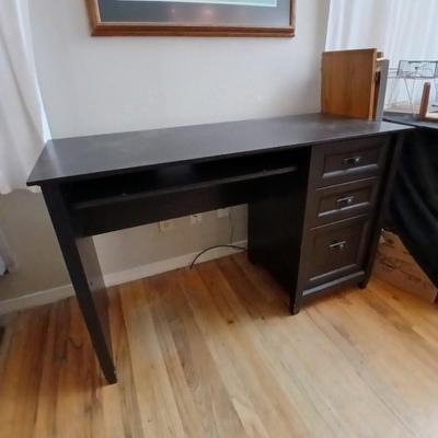 Small black student desk with keyboard tray and three drawers - full of office supplies!!