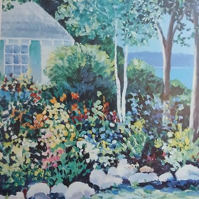 Large, framed wall art - country cottage garden