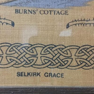 Framed linen A Linen/Cotton with An Innes & Cromb Design Burns' Cottage Scene with the Selkirk Grace and a small souvenir wall...