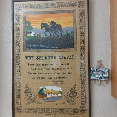 Framed linen A Linen/Cotton with An Innes & Cromb Design Burns' Cottage Scene with the Selkirk Grace and a small souvenir wall...