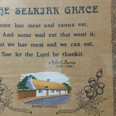 Framed linen A Linen/Cotton with An Innes & Cromb Design Burns' Cottage Scene with the Selkirk Grace and a small souvenir wall...