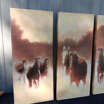 HORSE CANVAS PICTURES STRETCHED ON WOOD FRAMES AND A CAST IRON HORSE HEAD POLE TOPPER