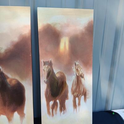 HORSE CANVAS PICTURES STRETCHED ON WOOD FRAMES AND A CAST IRON HORSE HEAD POLE TOPPER