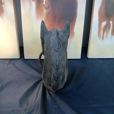 HORSE CANVAS PICTURES STRETCHED ON WOOD FRAMES AND A CAST IRON HORSE HEAD POLE TOPPER