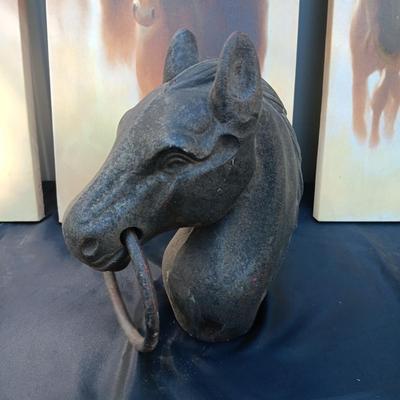 HORSE CANVAS PICTURES STRETCHED ON WOOD FRAMES AND A CAST IRON HORSE HEAD POLE TOPPER