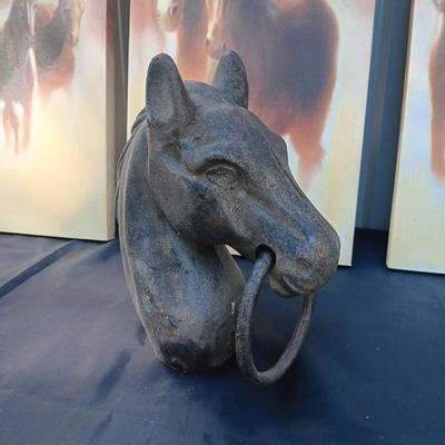 HORSE CANVAS PICTURES STRETCHED ON WOOD FRAMES AND A CAST IRON HORSE HEAD POLE TOPPER