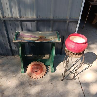 HAND PAINTED SIDE TABLE, PLANT STAND WITH FLOWER POT AND CLAY SUN