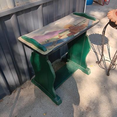 HAND PAINTED SIDE TABLE, PLANT STAND WITH FLOWER POT AND CLAY SUN