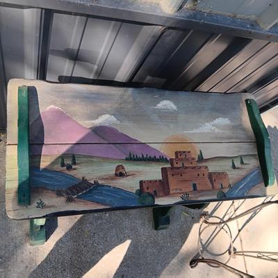 HAND PAINTED SIDE TABLE, PLANT STAND WITH FLOWER POT AND CLAY SUN