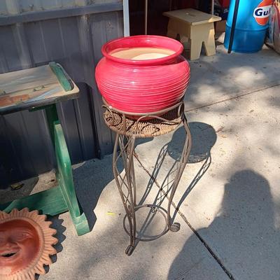 HAND PAINTED SIDE TABLE, PLANT STAND WITH FLOWER POT AND CLAY SUN