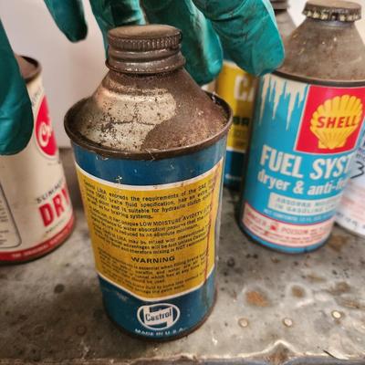 Lot of Vintage Cone Top Cans Castrol LMA Brake Fluid, Shell Fuel System, Cristy Dry Gas