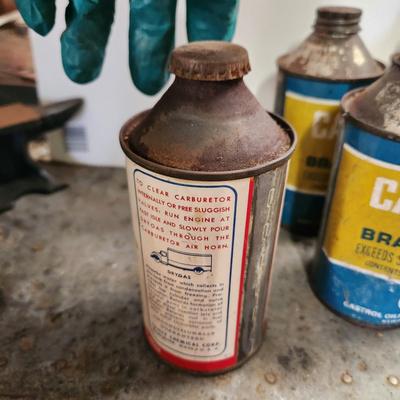 Lot of Vintage Cone Top Cans Castrol LMA Brake Fluid, Shell Fuel System, Cristy Dry Gas