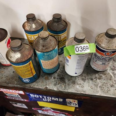 Lot of Vintage Cone Top Cans Castrol LMA Brake Fluid, Shell Fuel System, Cristy Dry Gas