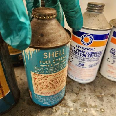 Lot of Vintage Cone Top Cans Castrol LMA Brake Fluid, Shell Fuel System, Cristy Dry Gas