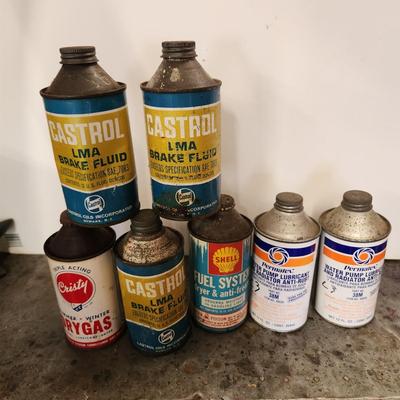 Lot of Vintage Cone Top Cans Castrol LMA Brake Fluid, Shell Fuel System, Cristy Dry Gas
