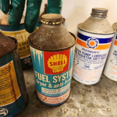 Lot of Vintage Cone Top Cans Castrol LMA Brake Fluid, Shell Fuel System, Cristy Dry Gas