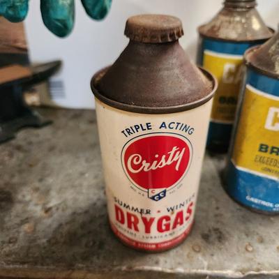 Lot of Vintage Cone Top Cans Castrol LMA Brake Fluid, Shell Fuel System, Cristy Dry Gas