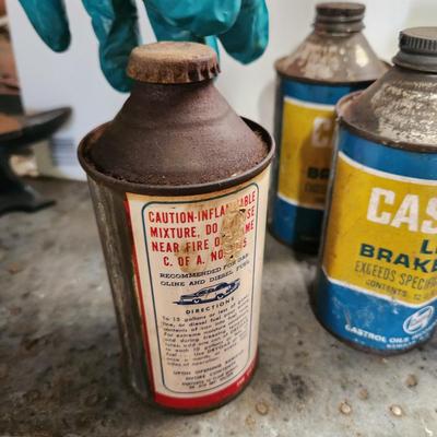 Lot of Vintage Cone Top Cans Castrol LMA Brake Fluid, Shell Fuel System, Cristy Dry Gas