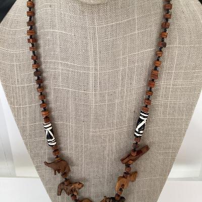 Brown wooden beaded necklace animal shapes