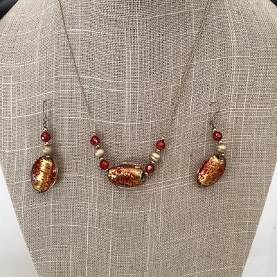 Vintage red and gold foil bead necklace and earring set
