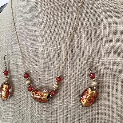 Vintage red and gold foil bead necklace and earring set