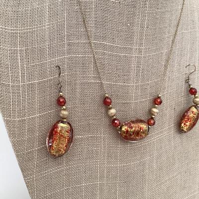 Vintage red and gold foil bead necklace and earring set