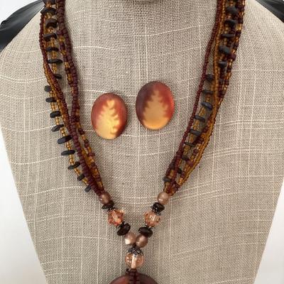 Vintage orange and brown multi strand necklace with large pendant and earrings