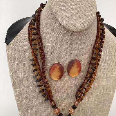 Vintage orange and brown multi strand necklace with large pendant and earrings