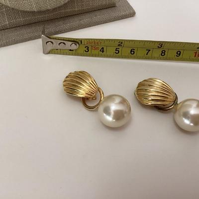 Gold tone large pearl like clip on earrings