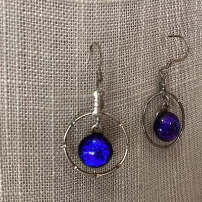 blue glitter and silver tone earrings- sterling silver