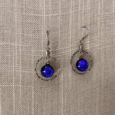 blue glitter and silver tone earrings- sterling silver