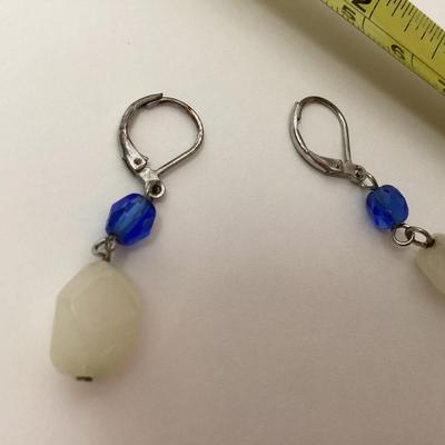 white and blue bead earrings