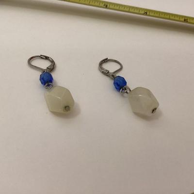 white and blue bead earrings