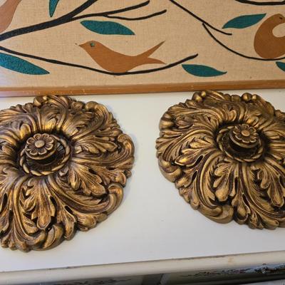 Vintage Mid-Century Bird Wall Art And Ornate Gold Decorative Plaques