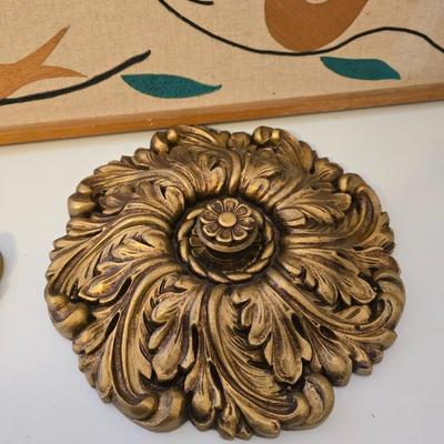 Vintage Mid-Century Bird Wall Art And Ornate Gold Decorative Plaques