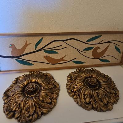 Vintage Mid-Century Bird Wall Art And Ornate Gold Decorative Plaques