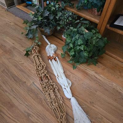 Two Faux plants with two macramé plant hangers